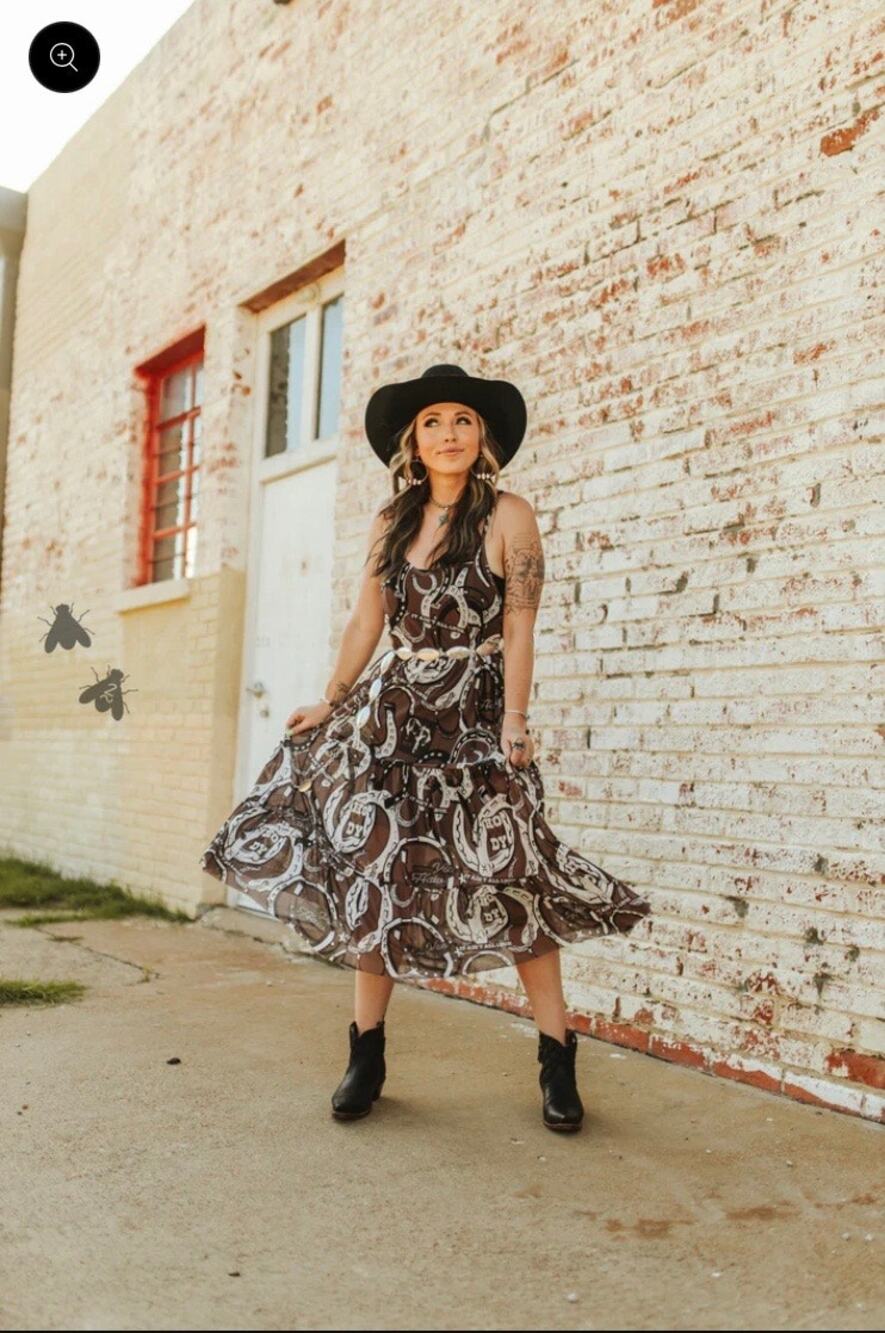 NWT! Western 2Fly Cowgirl Sheer Maxi Dress Brown Horseshoe Print L/Xl